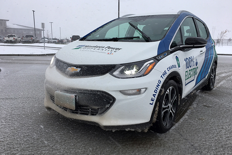 Minnkota's Bolt electric vehicle at Red Lake Electric Cooperative in winter covered in ice.