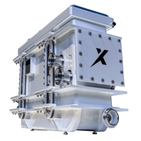 Industrial equipment on wheels with rectangular tanks, some filled with blue liquid, and "X" logos.