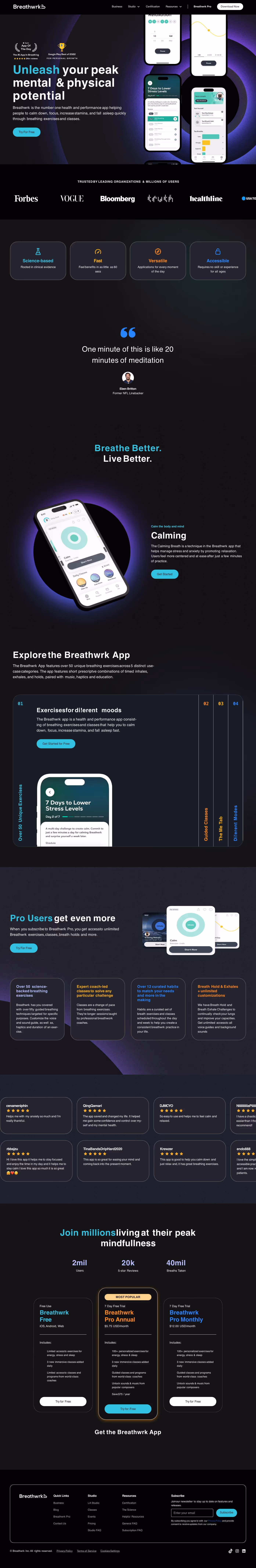 Breathwrk app homepage showcasing mental and physical wellness features with mobile app screens, user testimonials, media logos, and subscription plans.