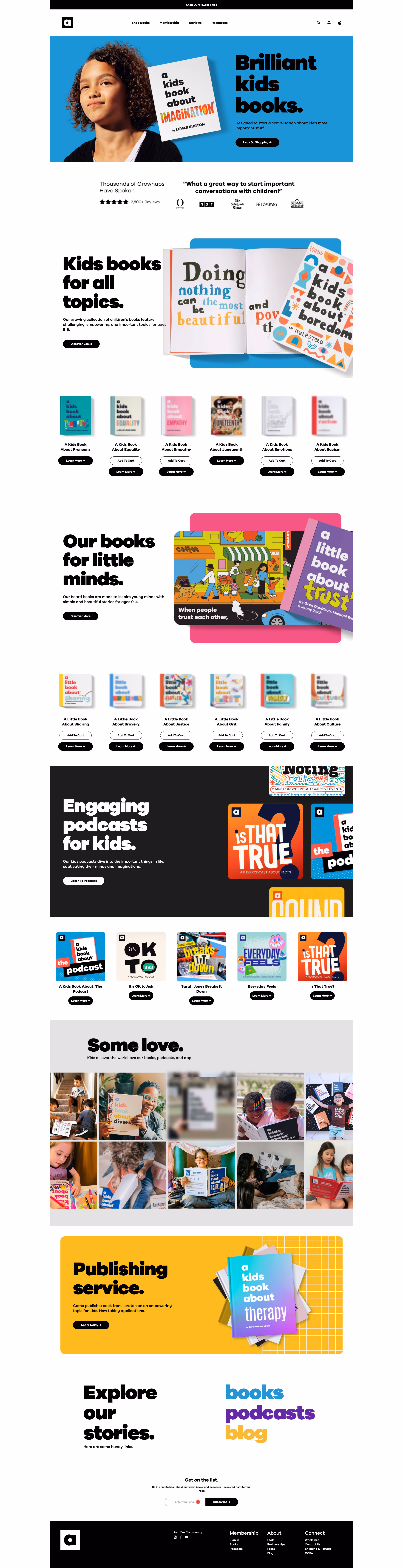 Webpage featuring kids books about imagination, equality, empathy, juneteenth, emotions, and racism, plus podcasts for kids and a publishing service.