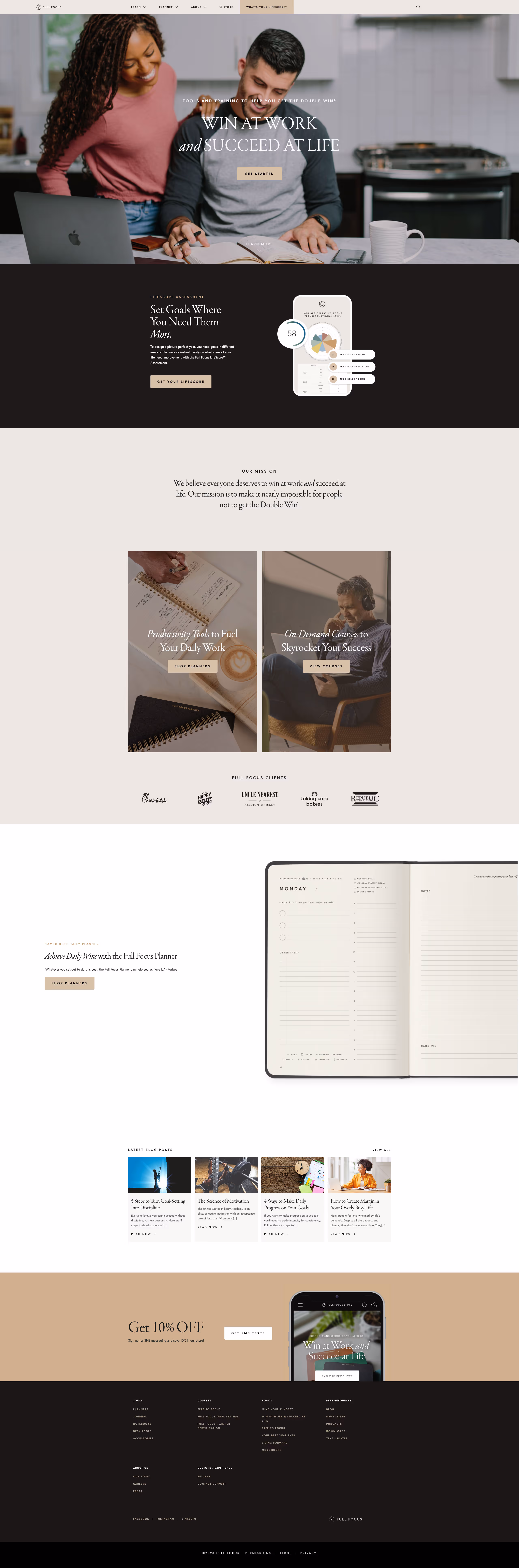 Website homepage featuring a smiling woman and man reviewing notes, a mobile app graphic, planner and course offerings, client logos, and a 10% off promotion.