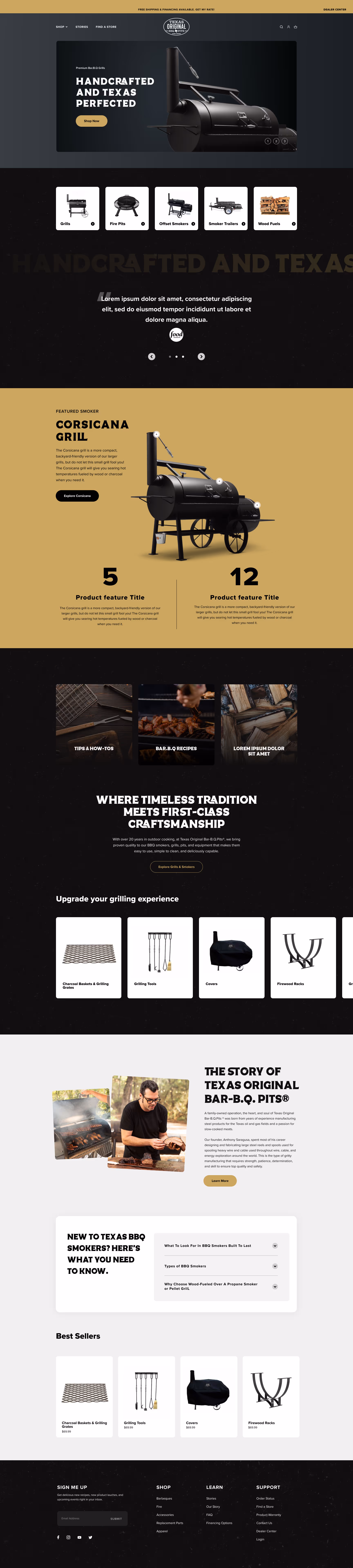 Website homepage featuring Texas Original Bar-B-Q Pits with images of grills, smokers, wood fuels, grilling accessories, recipes, and product highlights.