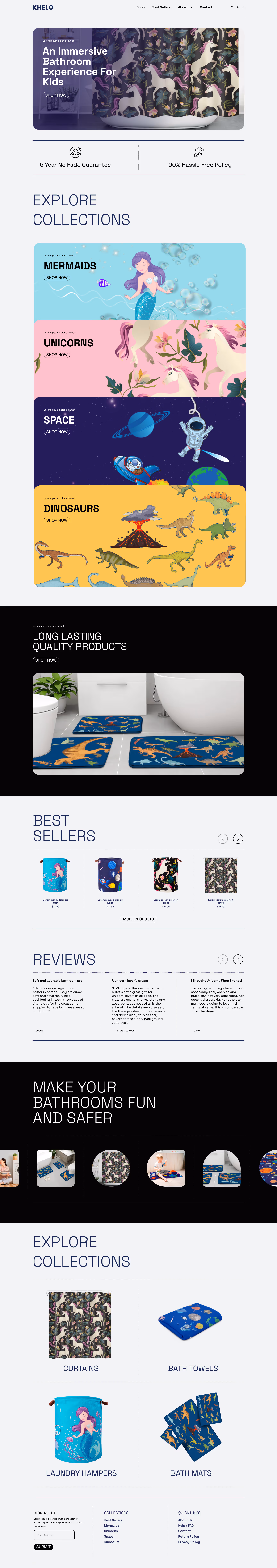 Bathroom products website homepage featuring kids' themed collections with mermaids, unicorns, space, and dinosaurs, and images of bath mats, curtains, towels, and laundry hampers.