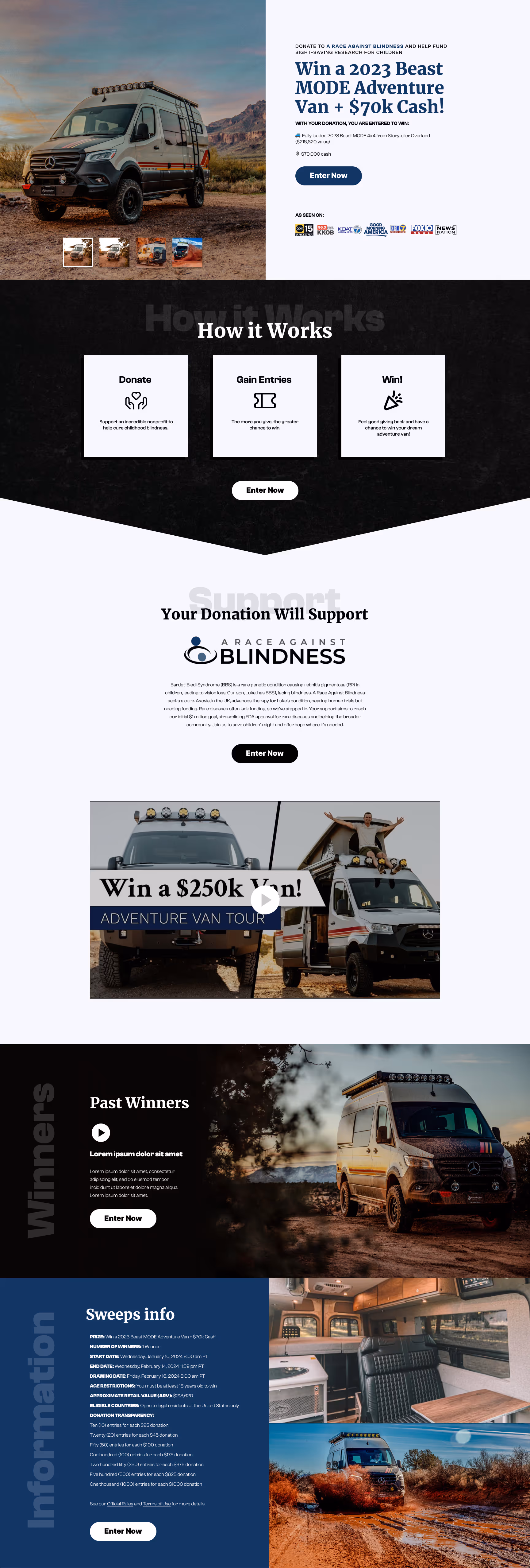 Promotional webpage for a 2023 Beast MODE adventure van and $70k cash giveaway supporting a race against blindness with donation and entry instructions.