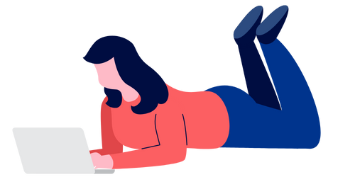 A stylized woman lying down and reading on her laptop