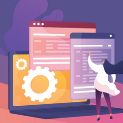Thumbnail for 3 step guide, with a stylized woman interacting with colorful floating screens
