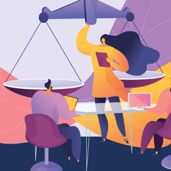 Thumbnail for General Counsel Playbook, a woman stands in front of scales with two people sitting in front