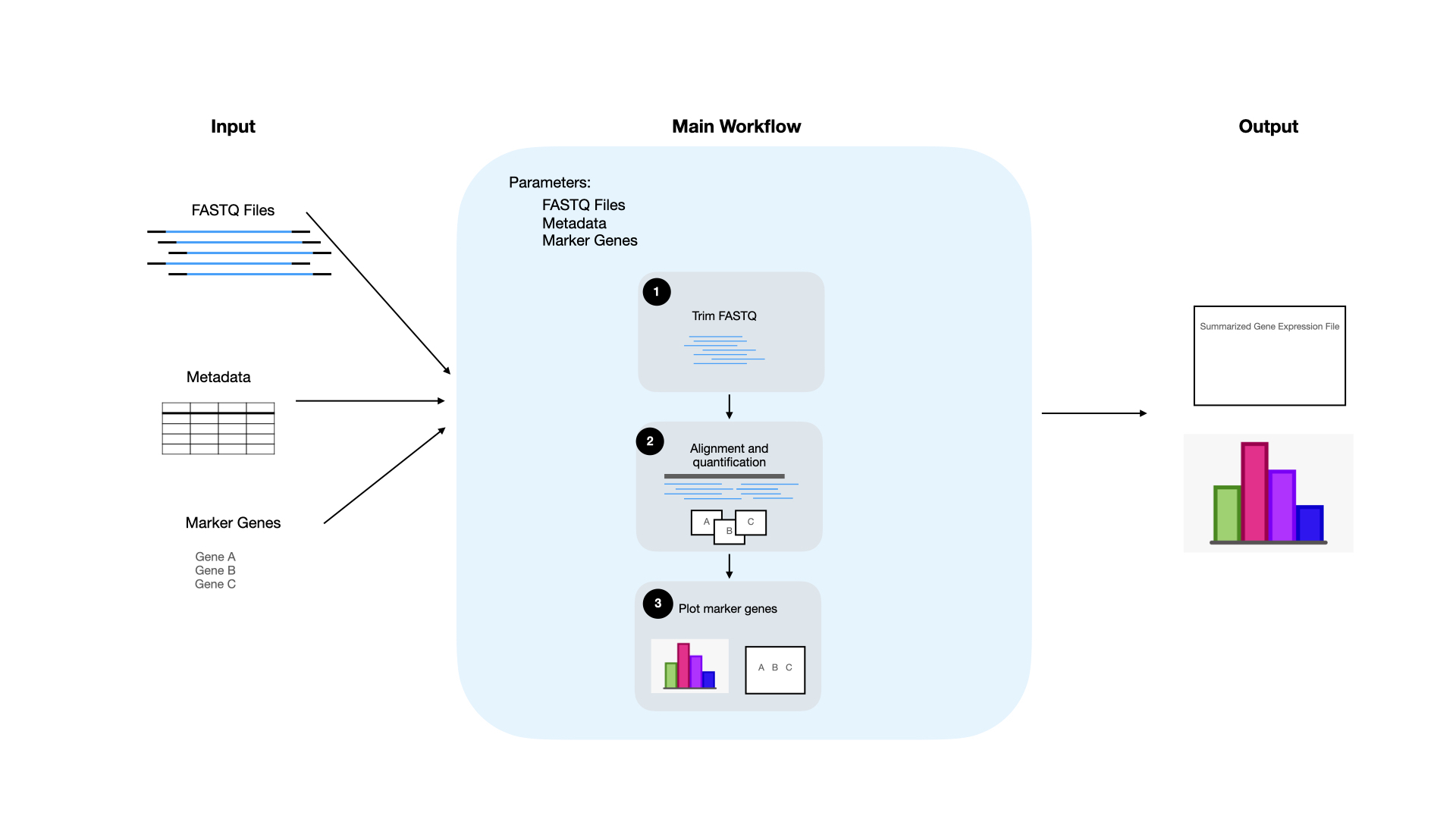 Schematic that shows how the individual steps of the example workflow will work together to produce the desired output