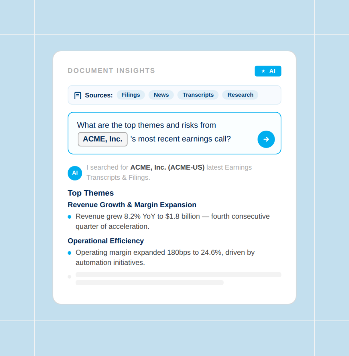 Illustration of using FactSet's corporate workstation to identify the top themes of an earnings call