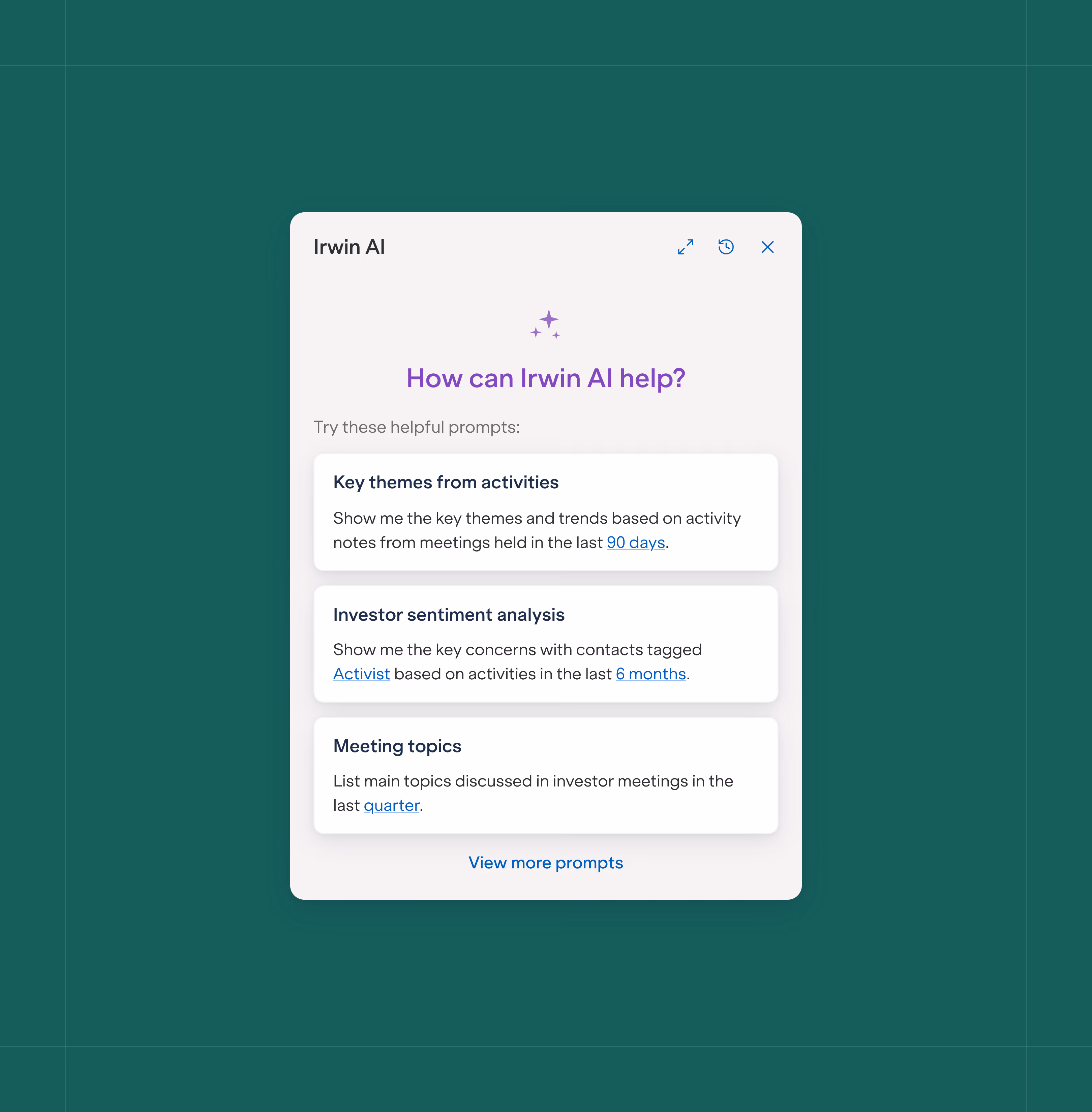 Illustration of Irwin's AI Assistant prompt set on a green background.