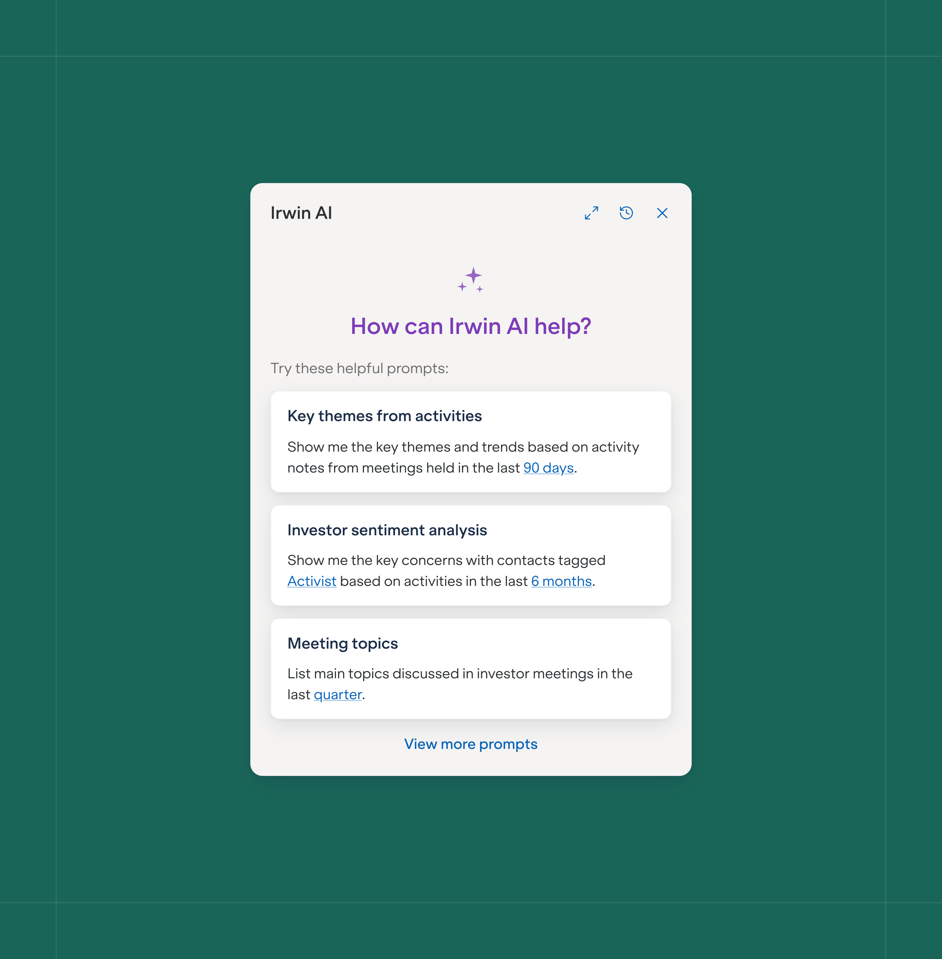 Illustration of Irwin's AI Assistant prompt set on a green background.