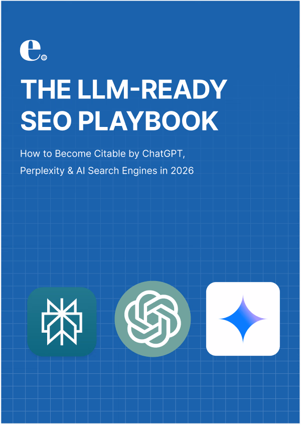 Cover page titled 'The LLM-Ready SEO Playbook: How to Become Citable by ChatGPT, Perplexity & AI Search Engines in 2026' with three AI-related logos on a blue grid background.