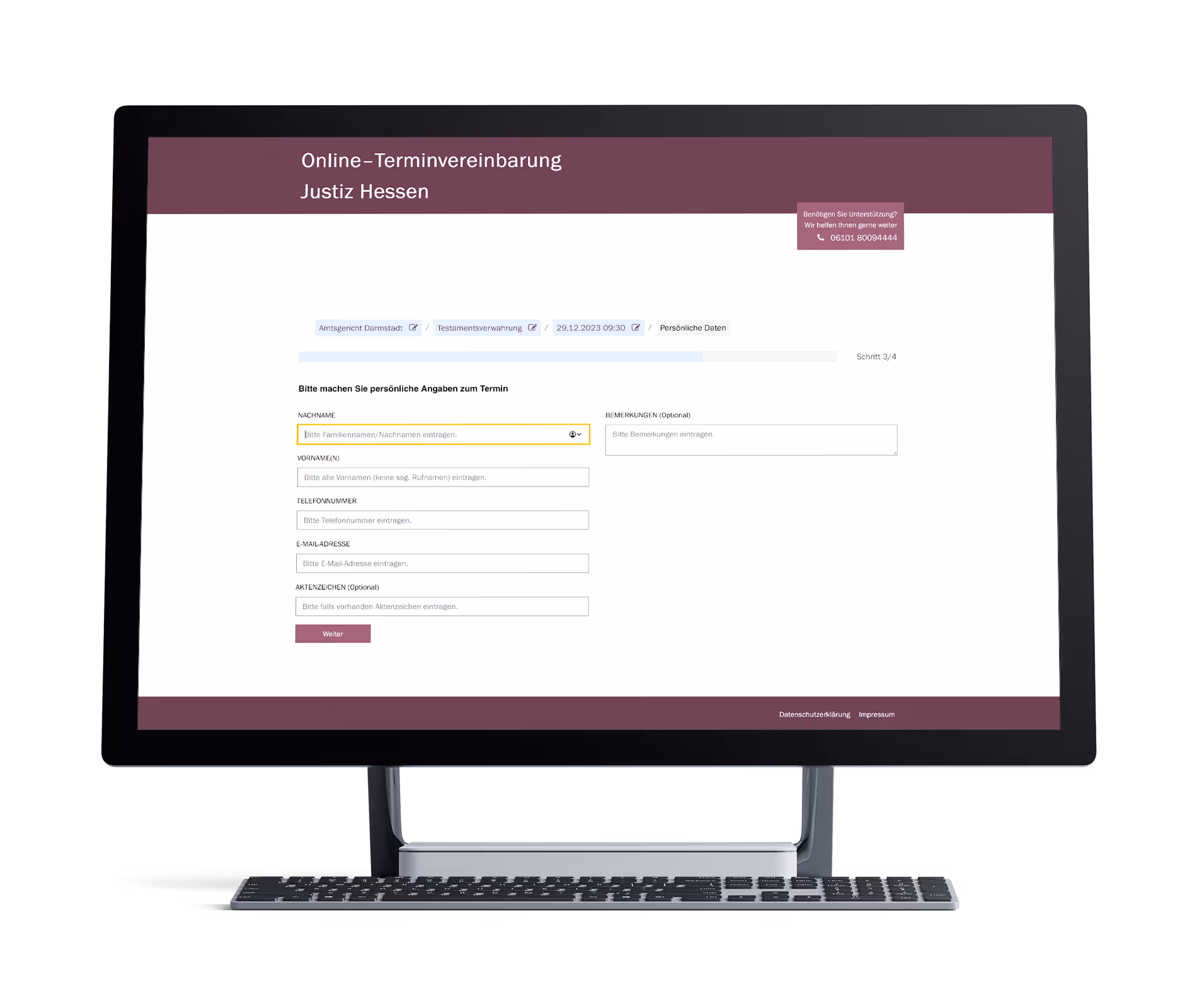 Screenshot Mockup Terminbuchungslösung FormularJustiz Hessen