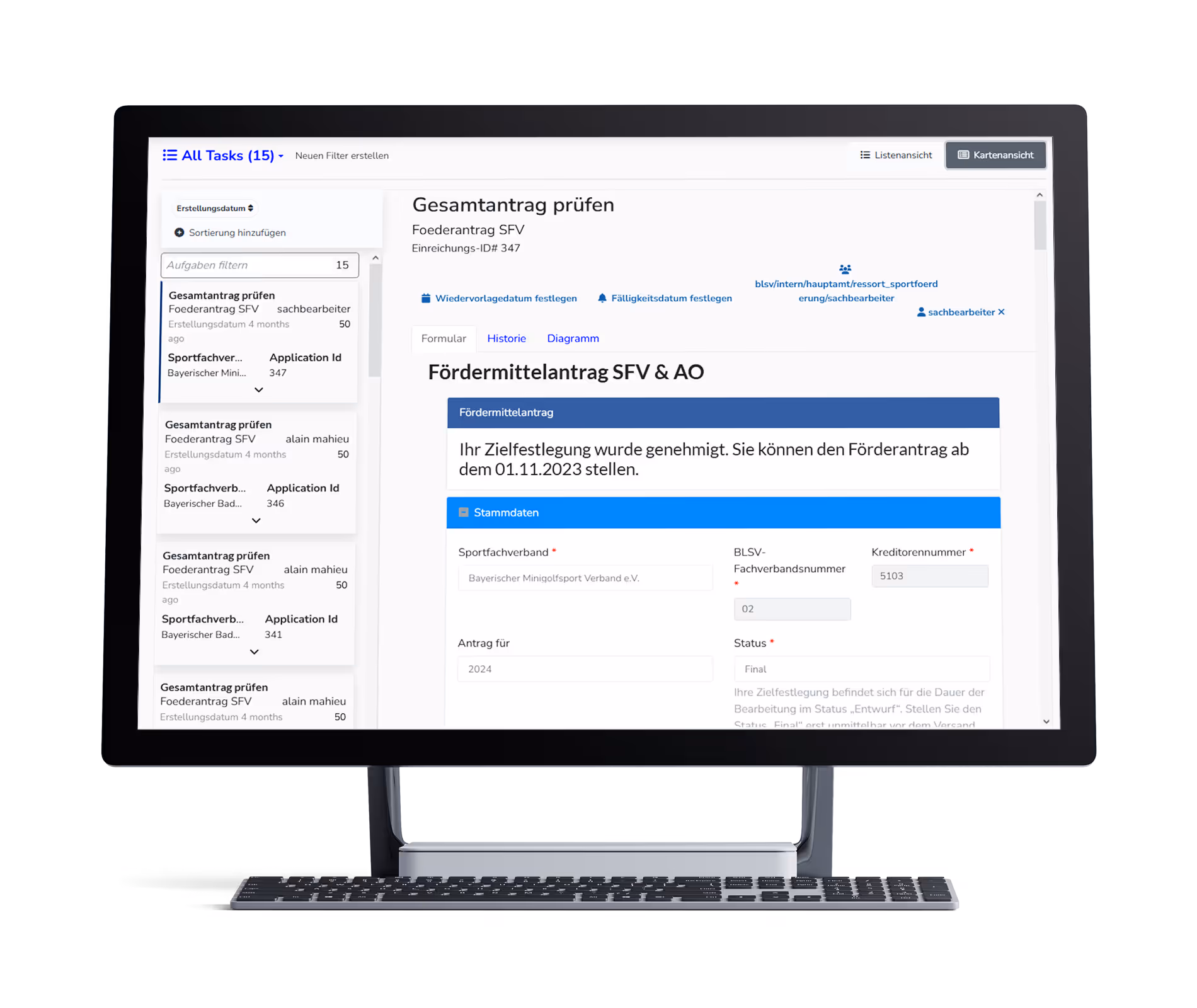 Bildschirm Mockup mit Screenshot von der Prüfung eines Fördermittelantrags