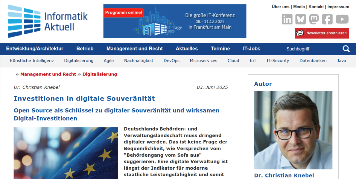 Screenshot des Artikels Digitale Souveränität durch Open Source aus Informatik aktuell