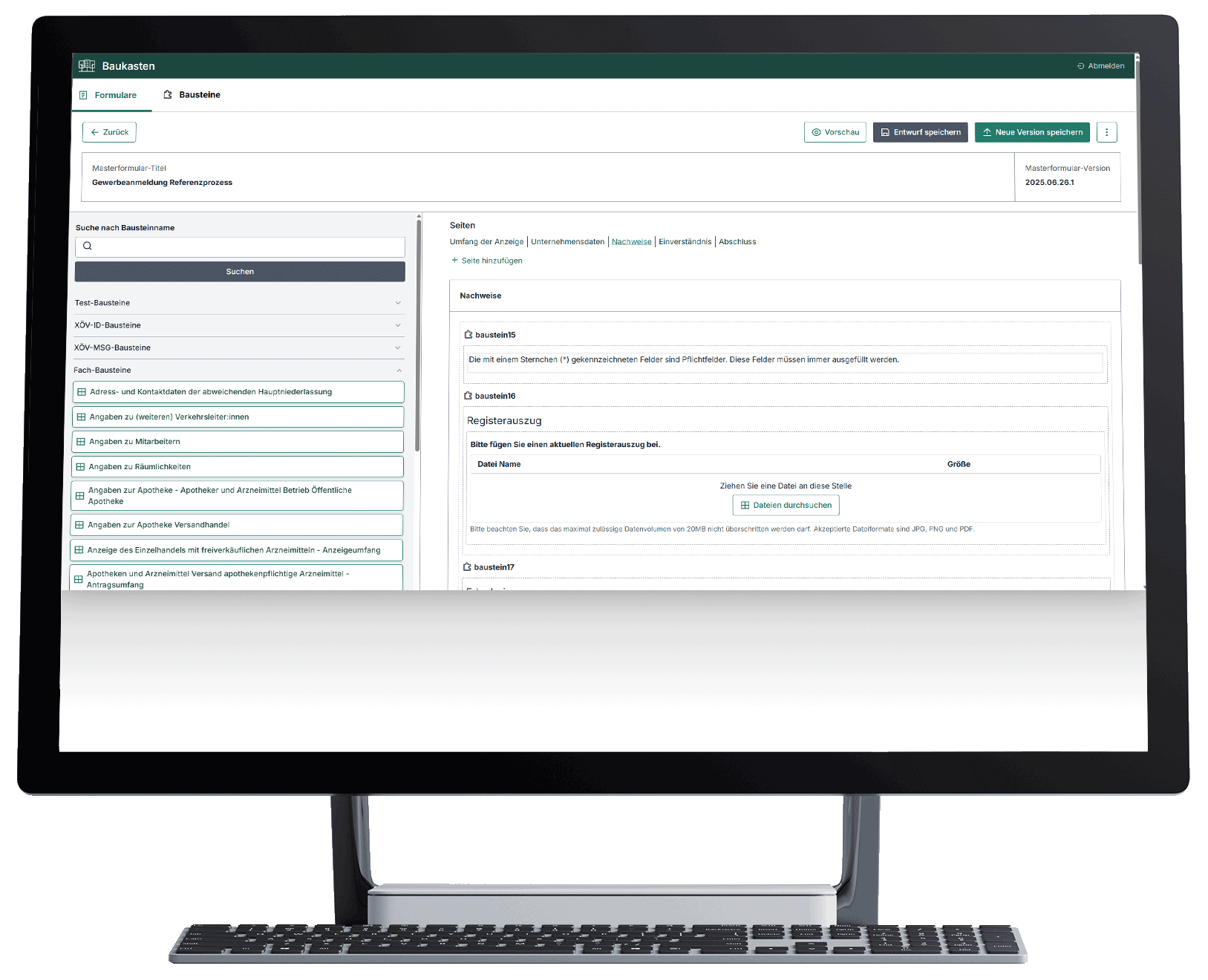 Baukasten Screenshot Gewerbeanmeldung Referenzprozess  in Bildschirm Mockup