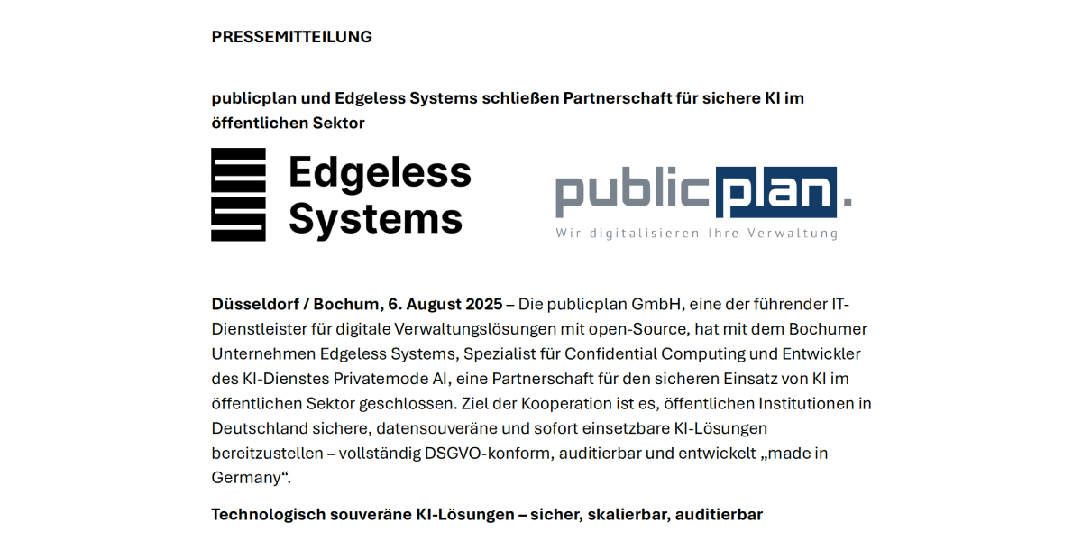 Screenshot des Artikels publicplan und Edgeless Systems schließen Partnerschaft für sichere KI im öffentlichen Sektor