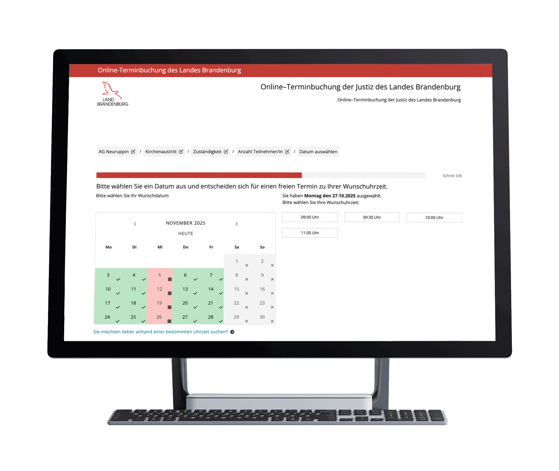 Screenshot in Mockup der Terminauswahl von Justiztermine Brandenburg