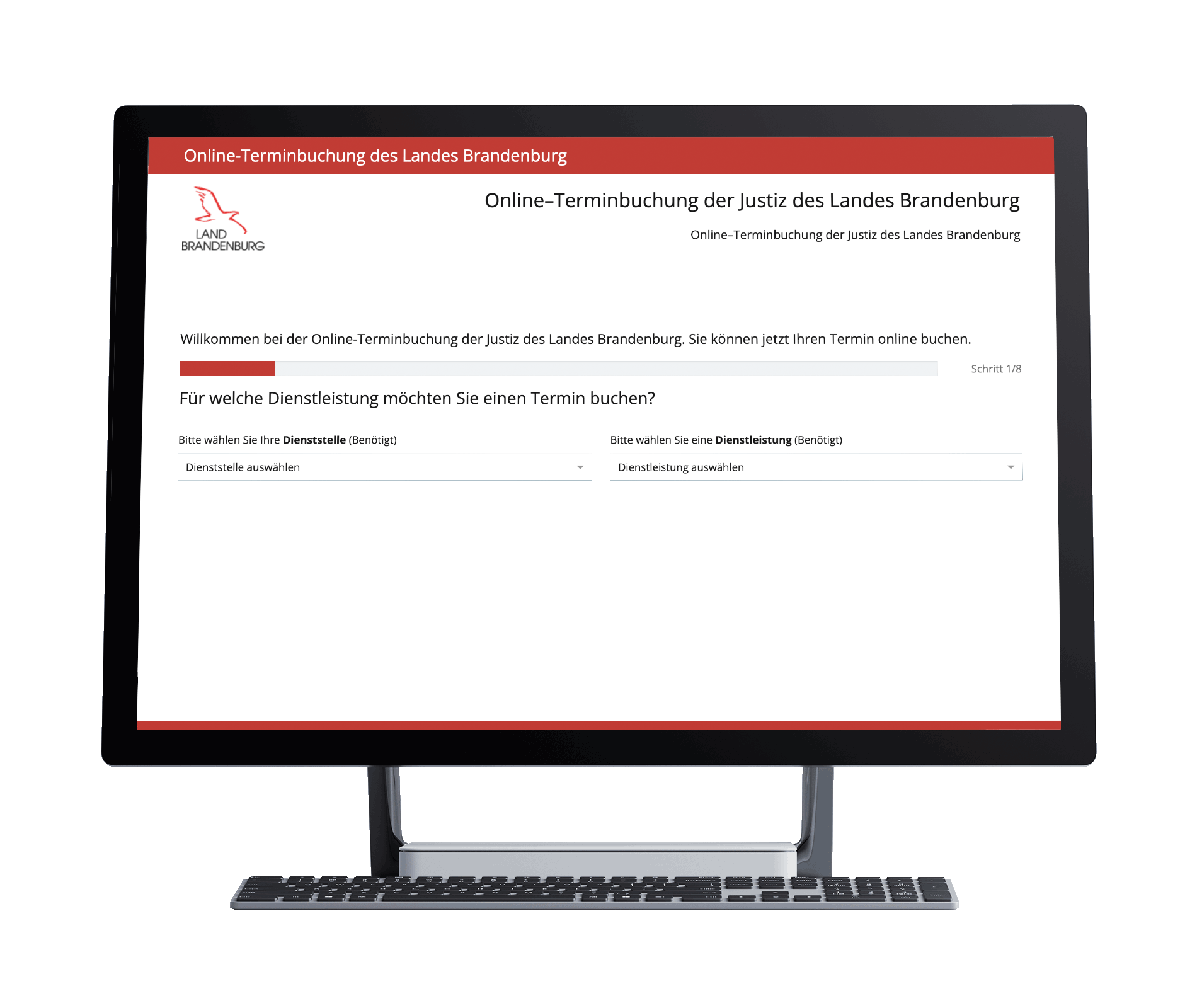 Screenshot in Mockup der StartseiteJustiztermine Brandenburg