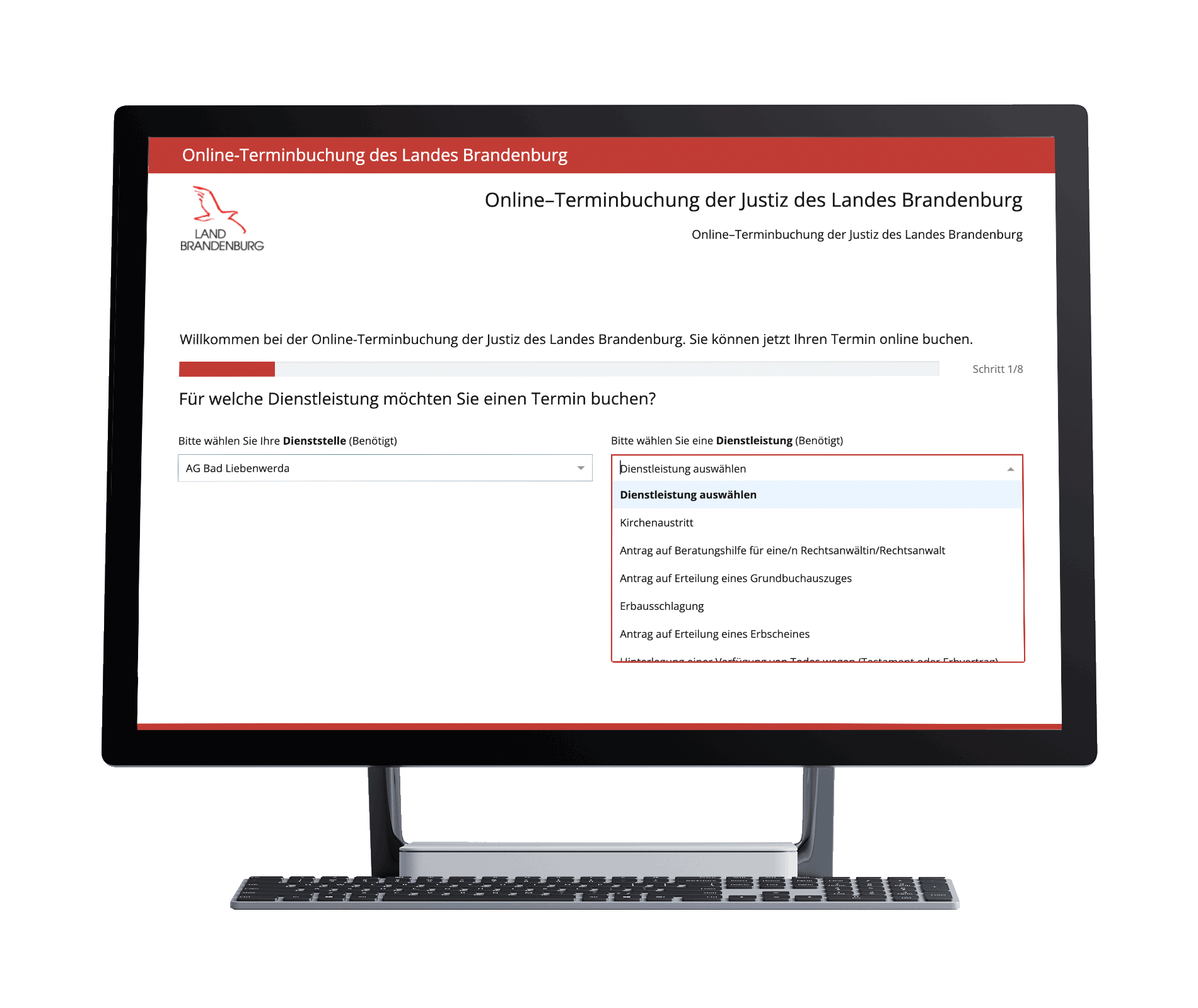 Screenshot in Mockup der Dienstleistungsauswahl von Justiztermine Brandenburg