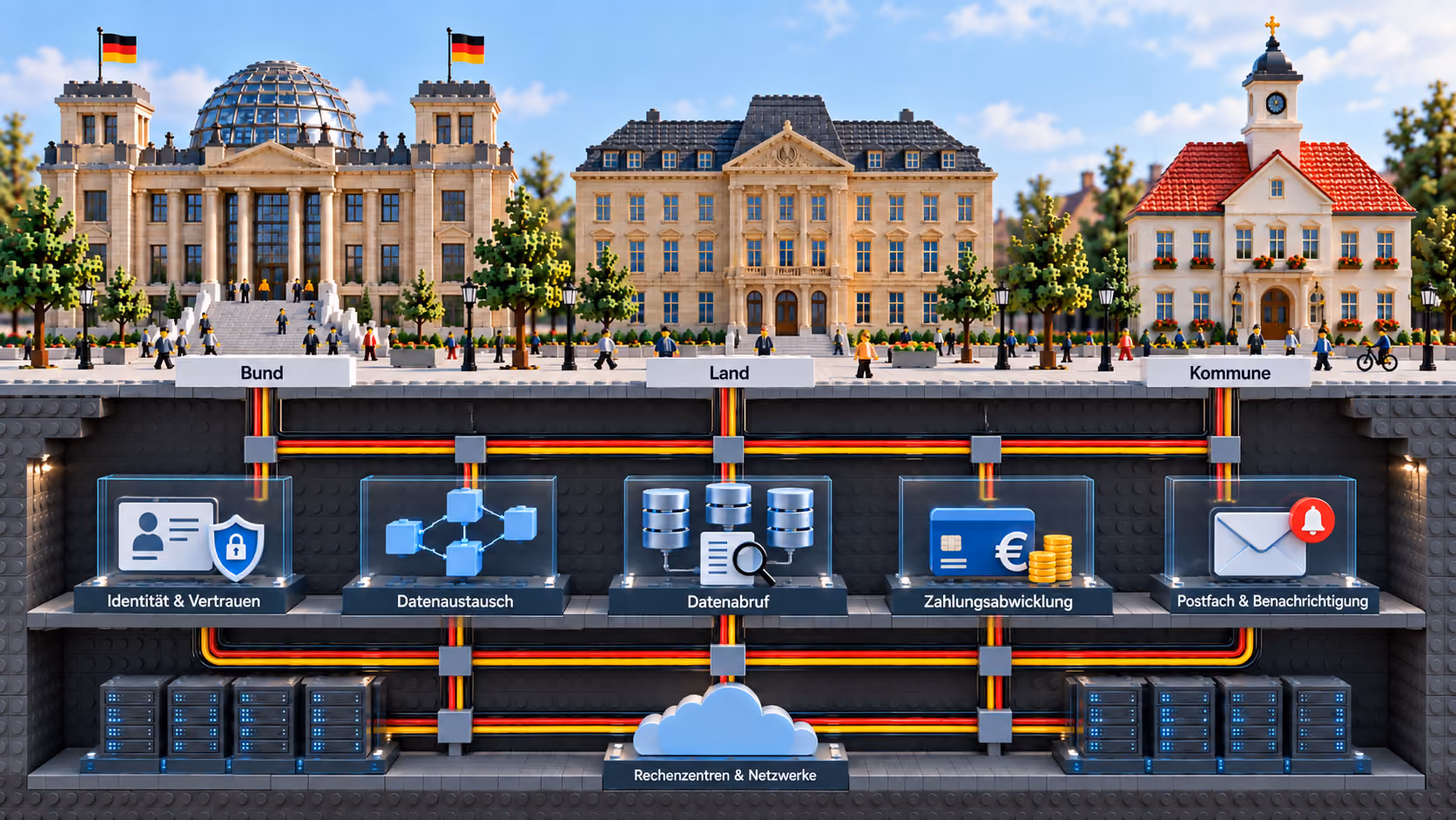 Legoartige Darstellung von Bund, Land und Kommune mit der IT-vernetzung inkl. Cloud, Datenautausch und Abwicklung