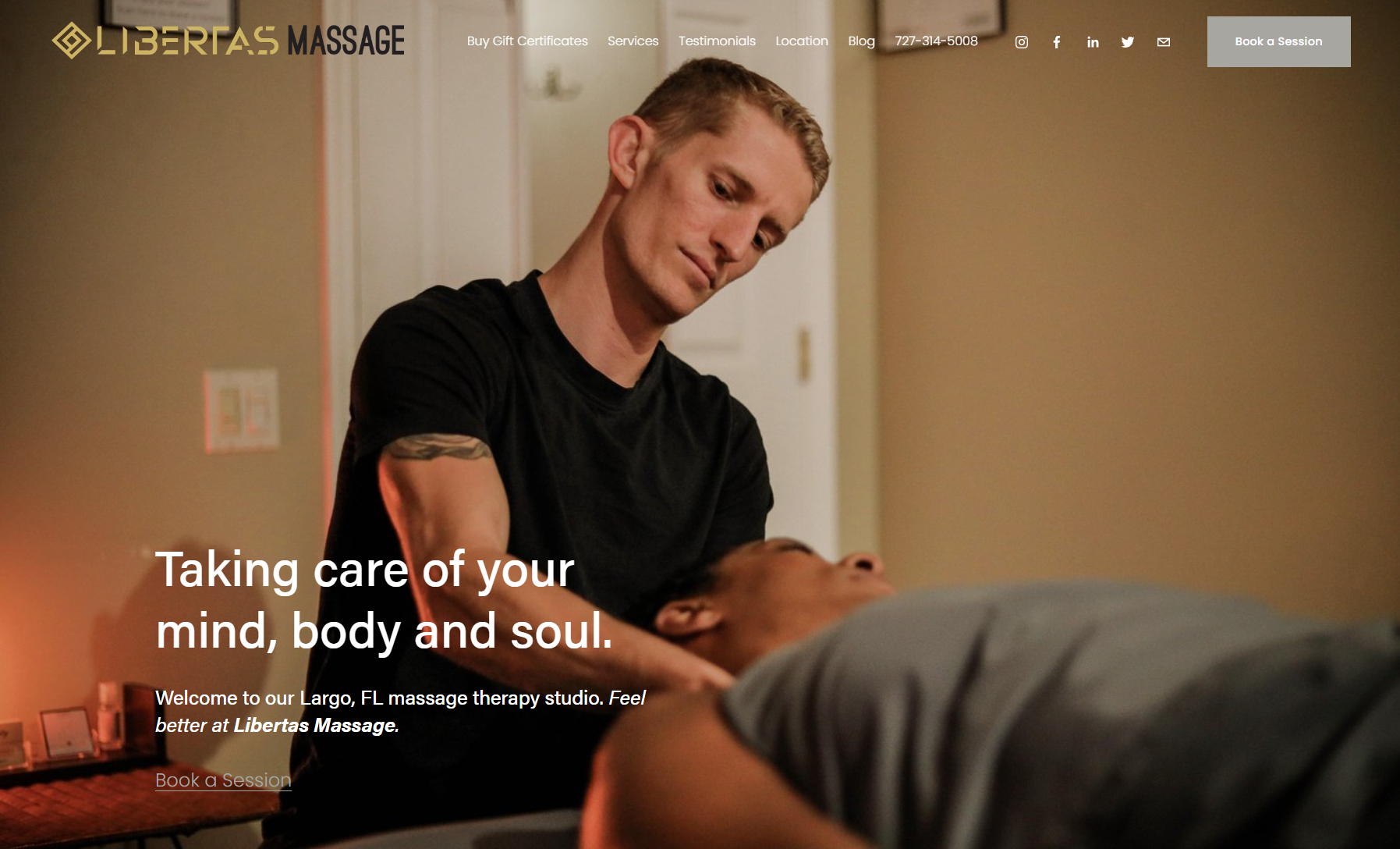 Male massage therapist in black shirt, focused on massaging a client in a serene room. Text overlay reads, "Taking care of your mind, body and soul."