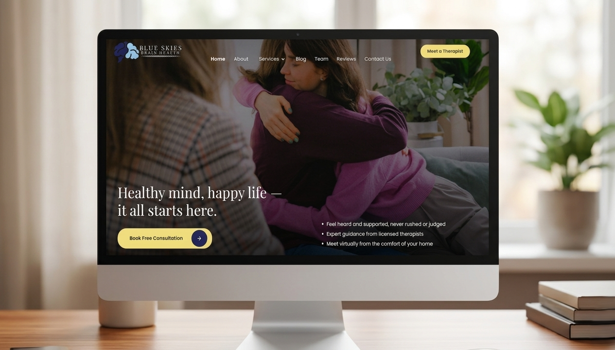 Blue Skies Brain Health homepage on webpage