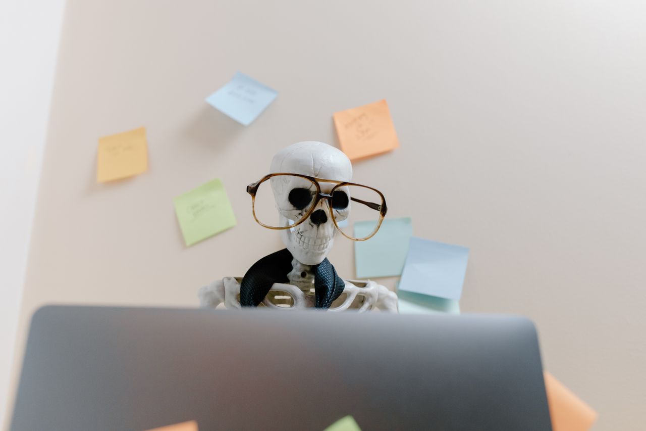 skeleton with glasses looking at computer