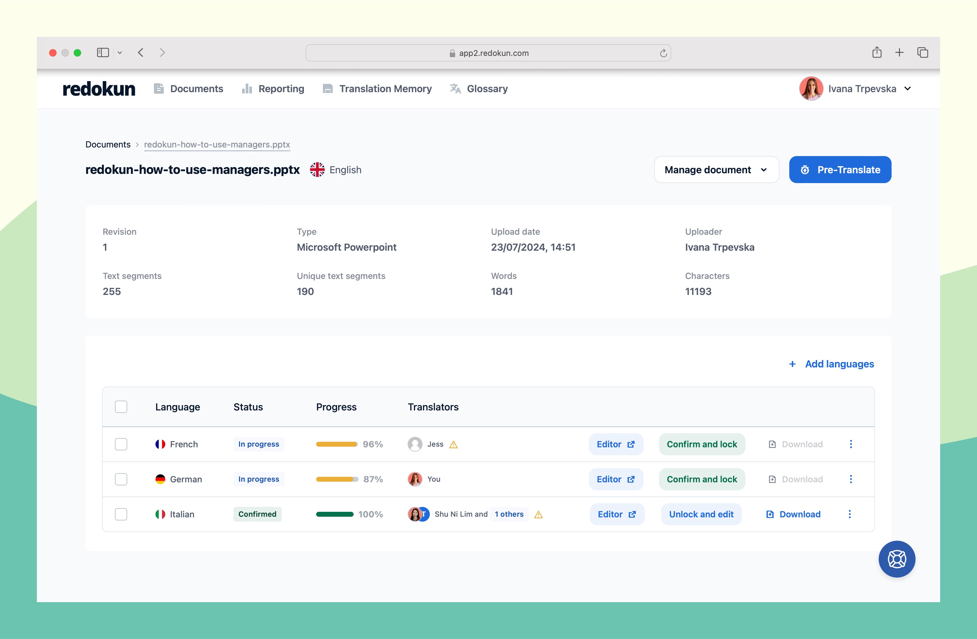 Redokun document list with all languages and progress for every language
