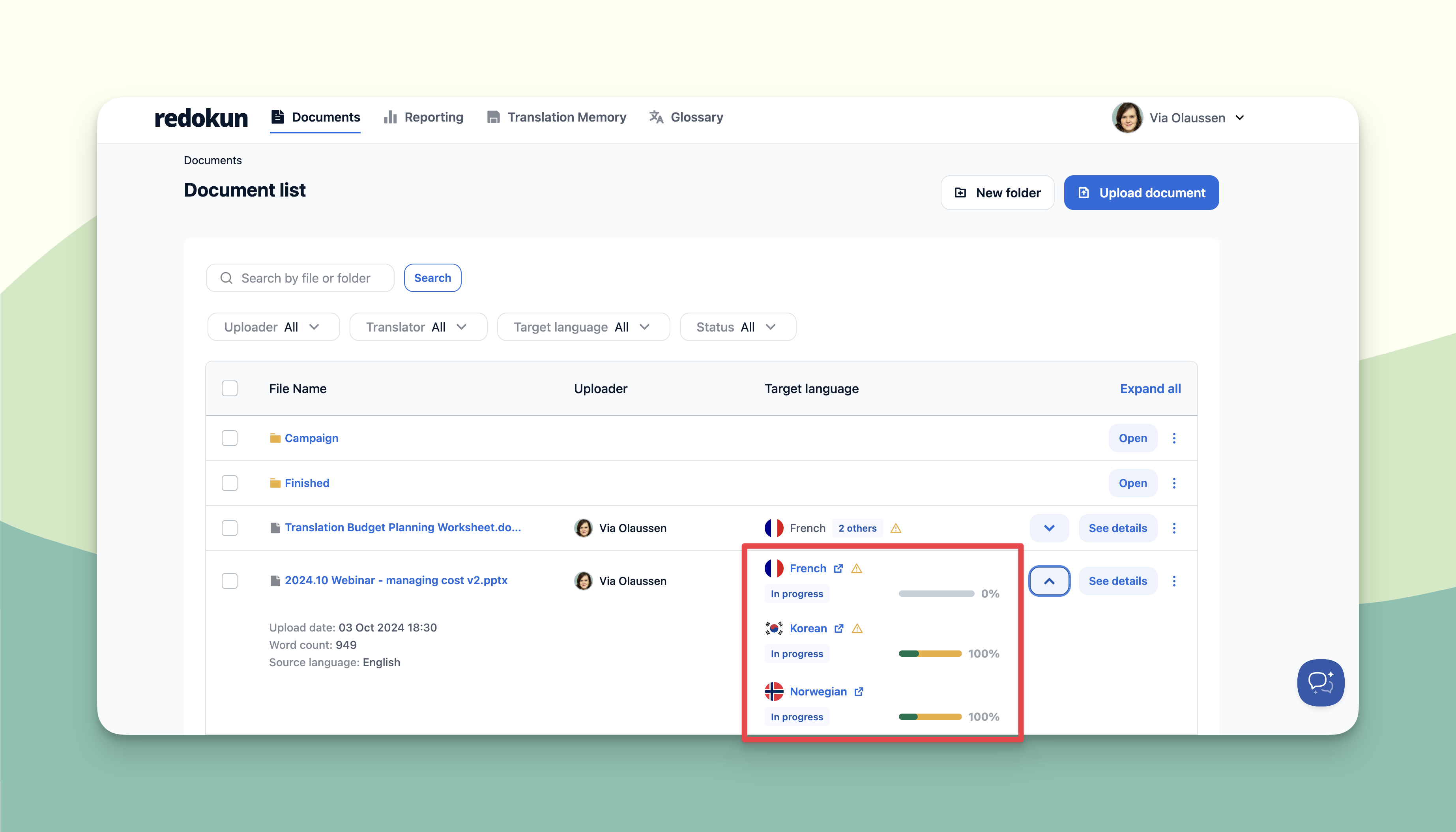 Document list with progress tracking in Redokun