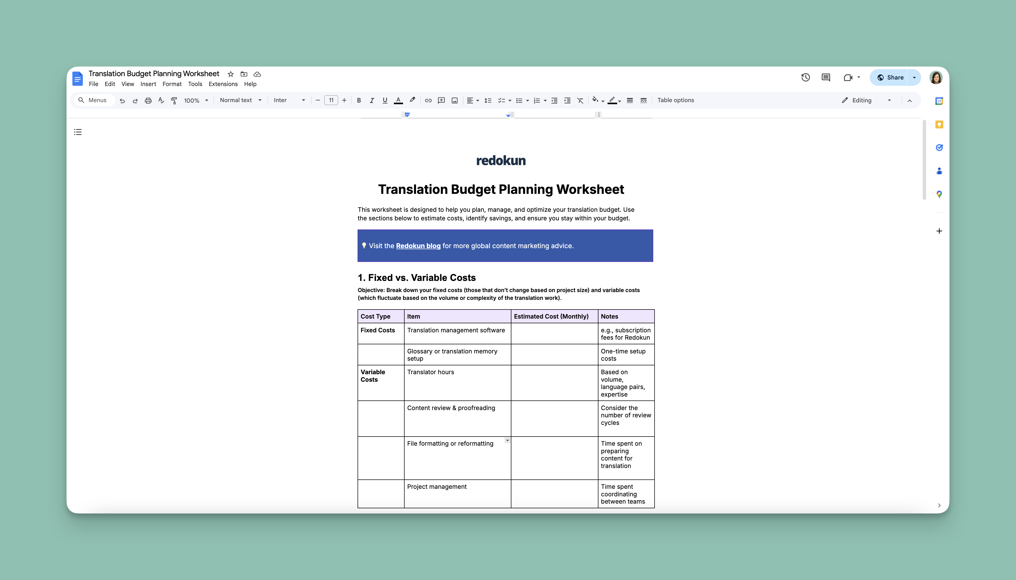 Screenshot of Redokun's translation budget planning worksheet.