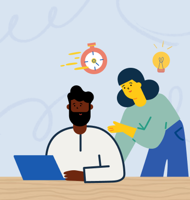 a man and a woman in front of a laptop