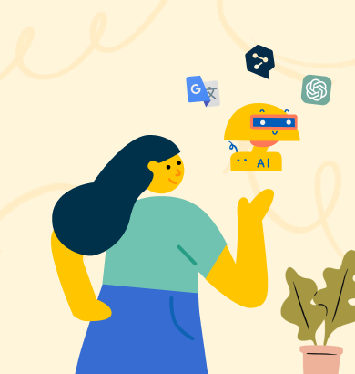 a woman with an AI bot with google translate, deepl and chatgpt logos