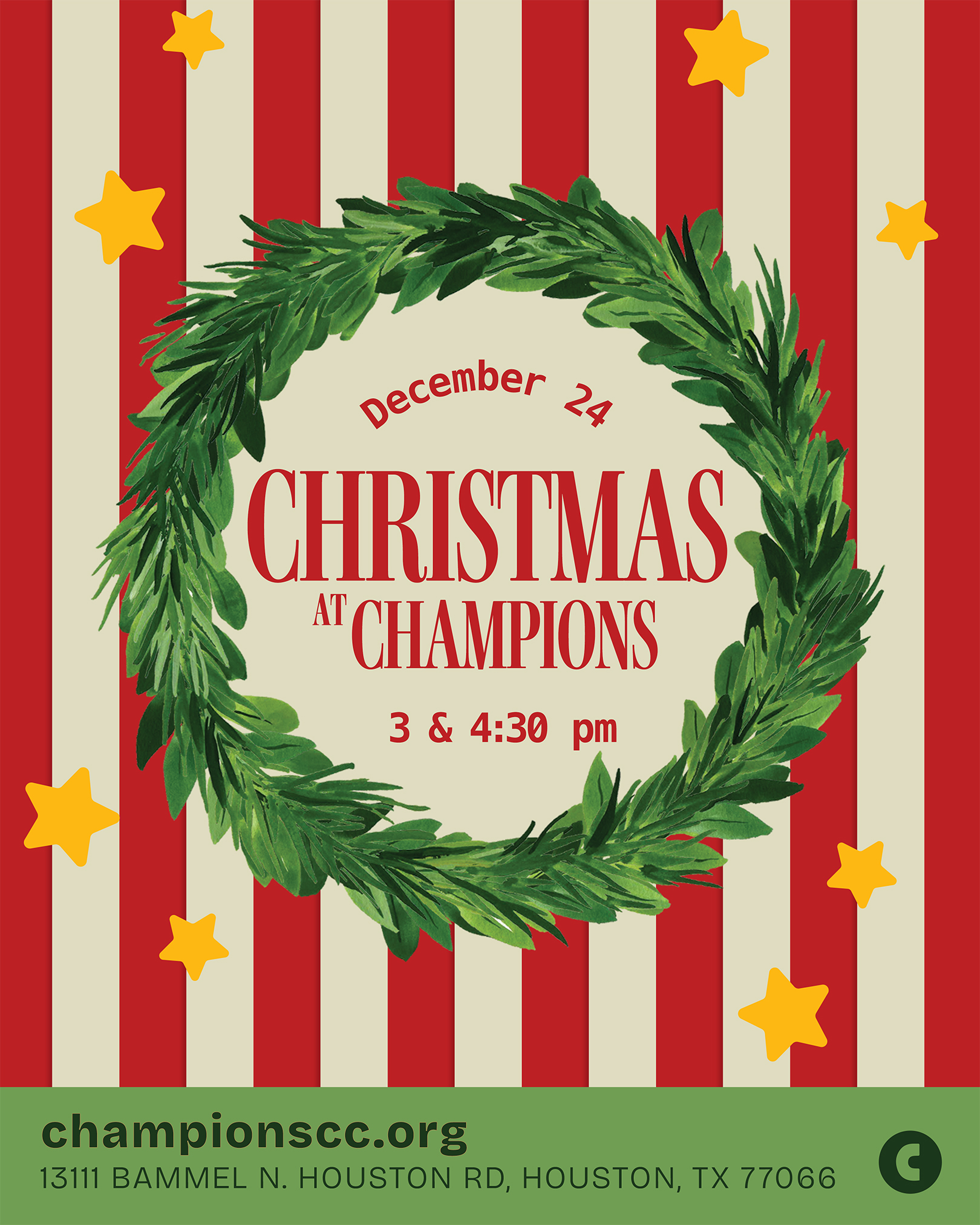 Christmas at Champions event announcement with date December 24 and times 3 and 4:30 pm on a red and beige striped background with green wreath and yellow stars.