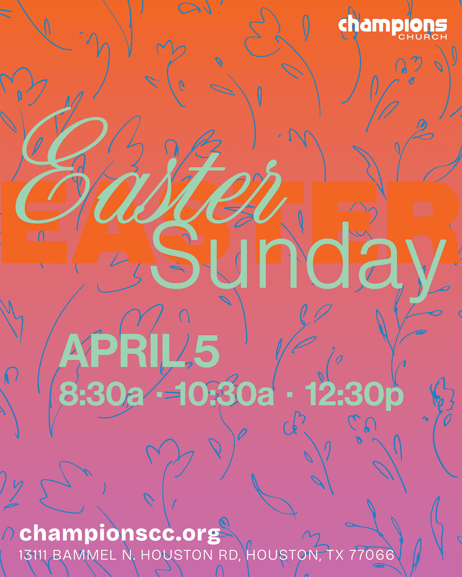 Easter Sunday event announcement with dates and times on orange and pink gradient background with blue floral line art.