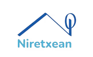 Niretxean logo featuring a stylized blue house roof with a tree integrated into the right side and the text 'Niretxean' below.