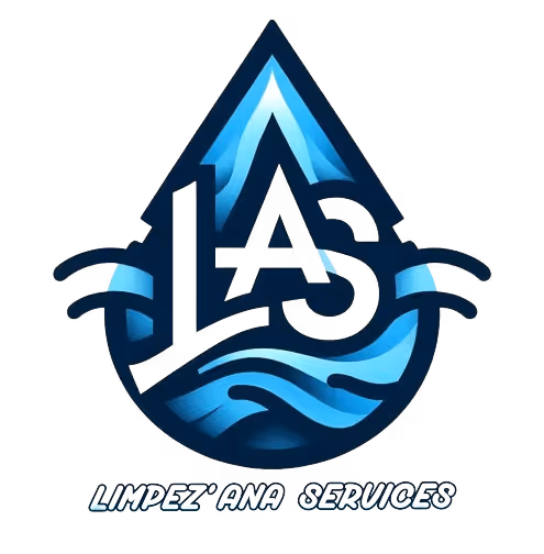 Blue water drop logo with stylized waves and letters LAS, with 'LIMPEZ’ANA SERVIÇOS' text below.