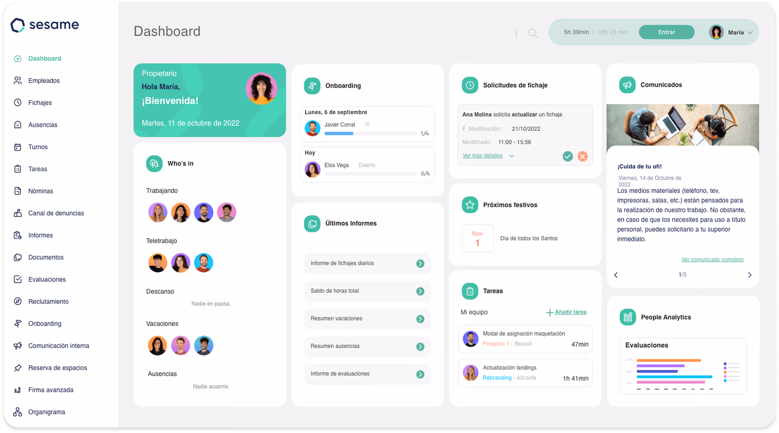 Interfaz de Sesame para la gestión de ausencias y fichaje