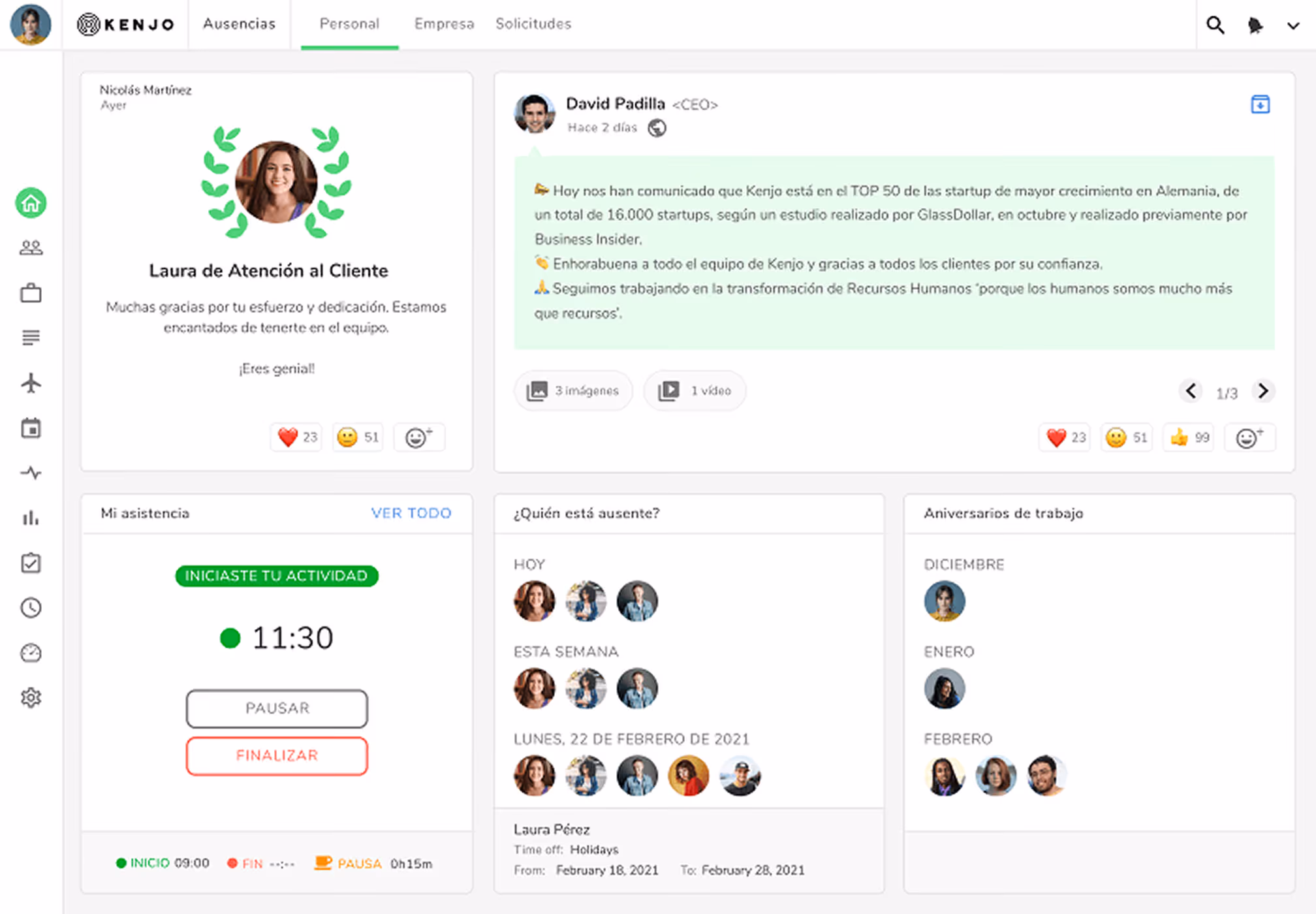 Interfaz de Kenjo para la gestión de ausencias y control horario