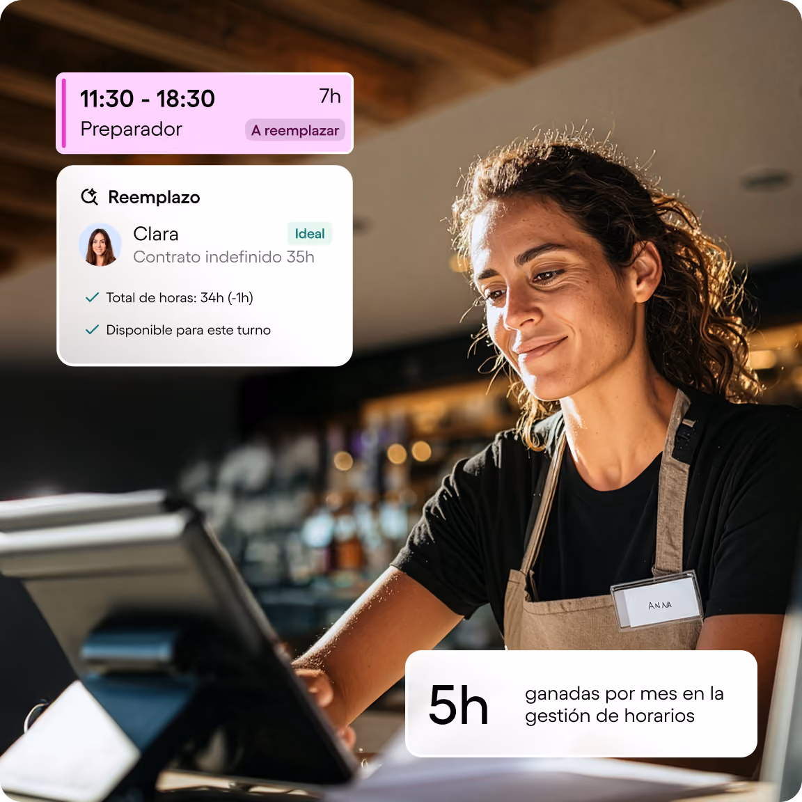 Woman named Anna in apron using touchscreen device in a cafe with scheduling info overlay in Spanish.