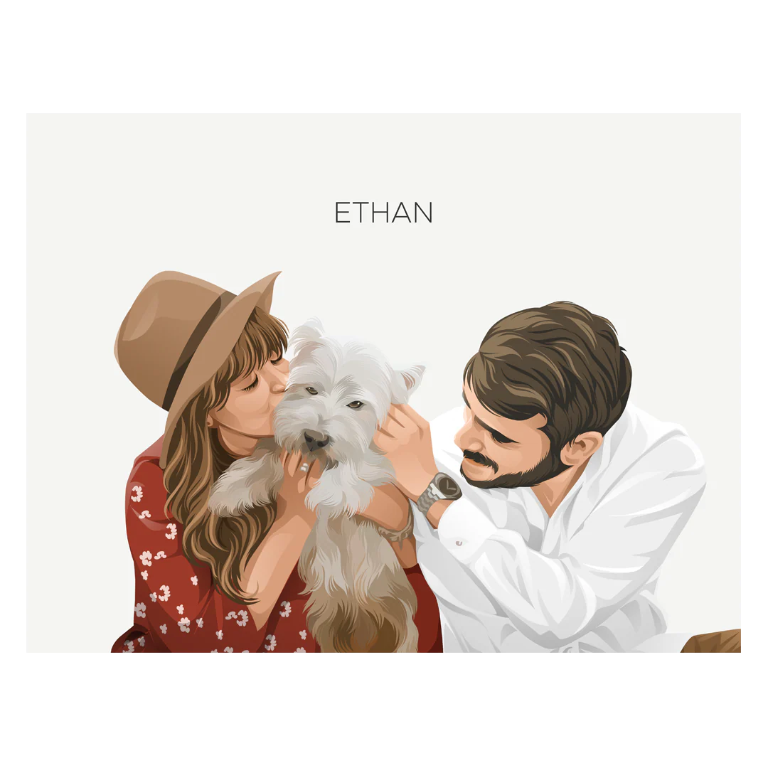 Illustration of a woman wearing a hat and a man in a white shirt affectionately holding and petting a small white dog named Ethan.