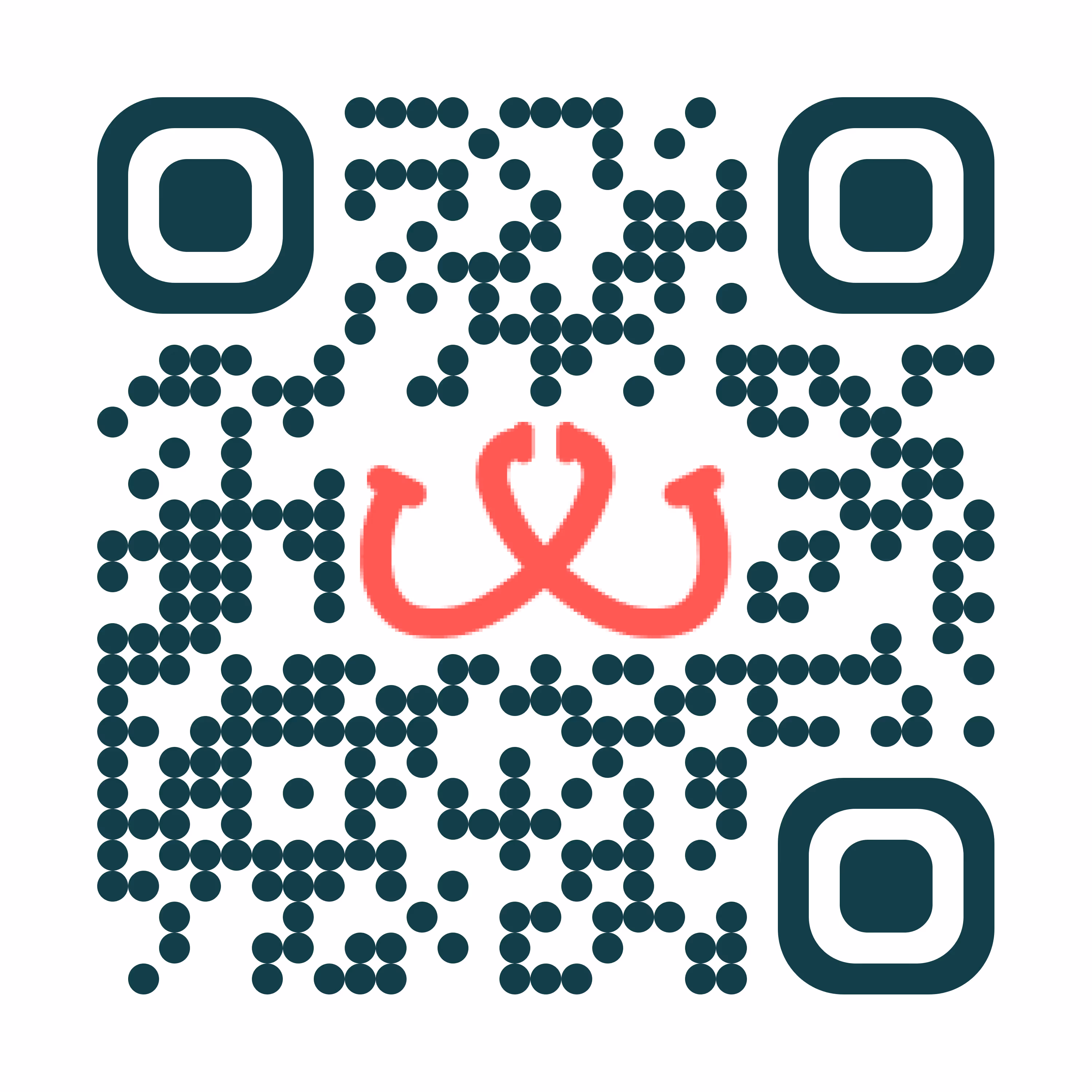Black dotted QR code with a red stylized double hook icon in the center on a white background.