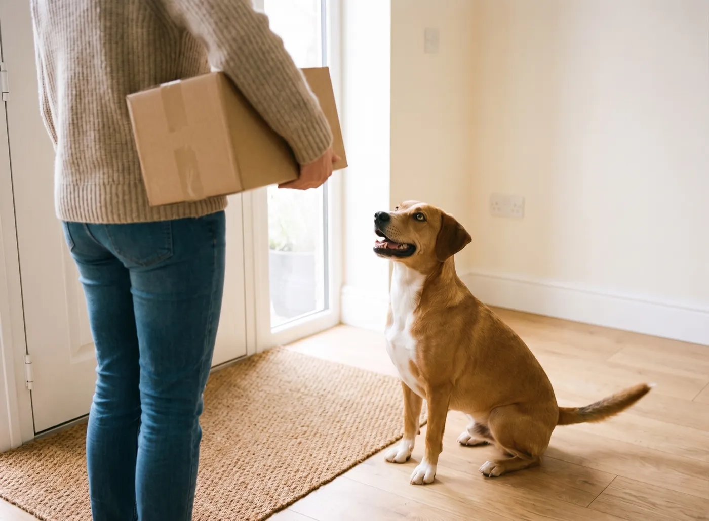 A dog at the front door looking up at his owner, who is carrying in a delivered box