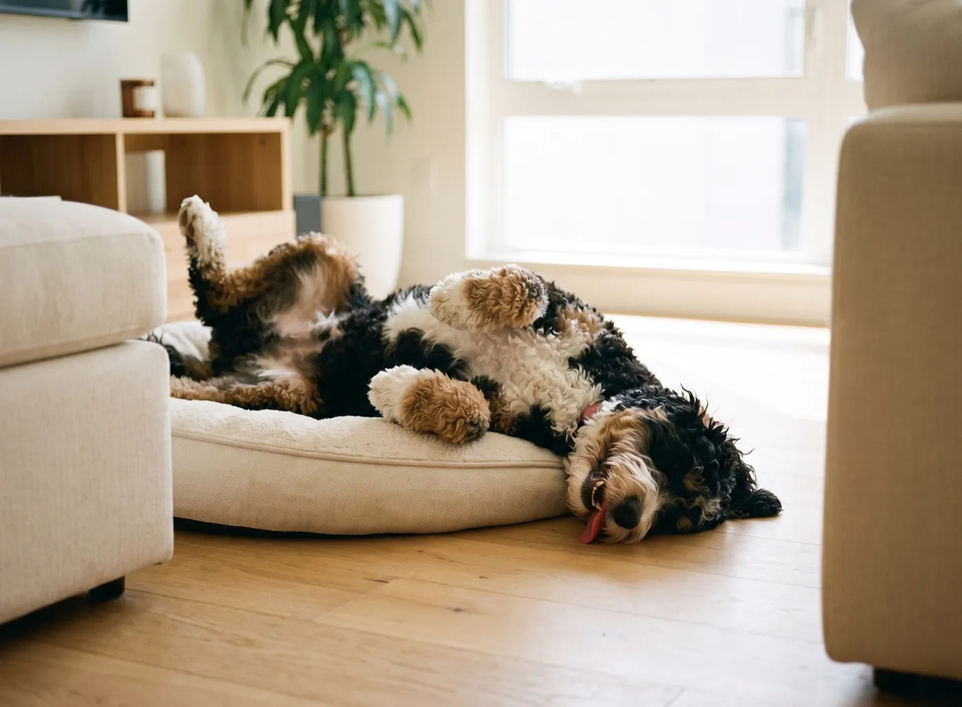 A bernedoodle asleep on his back on his bed, paws up and tongue out