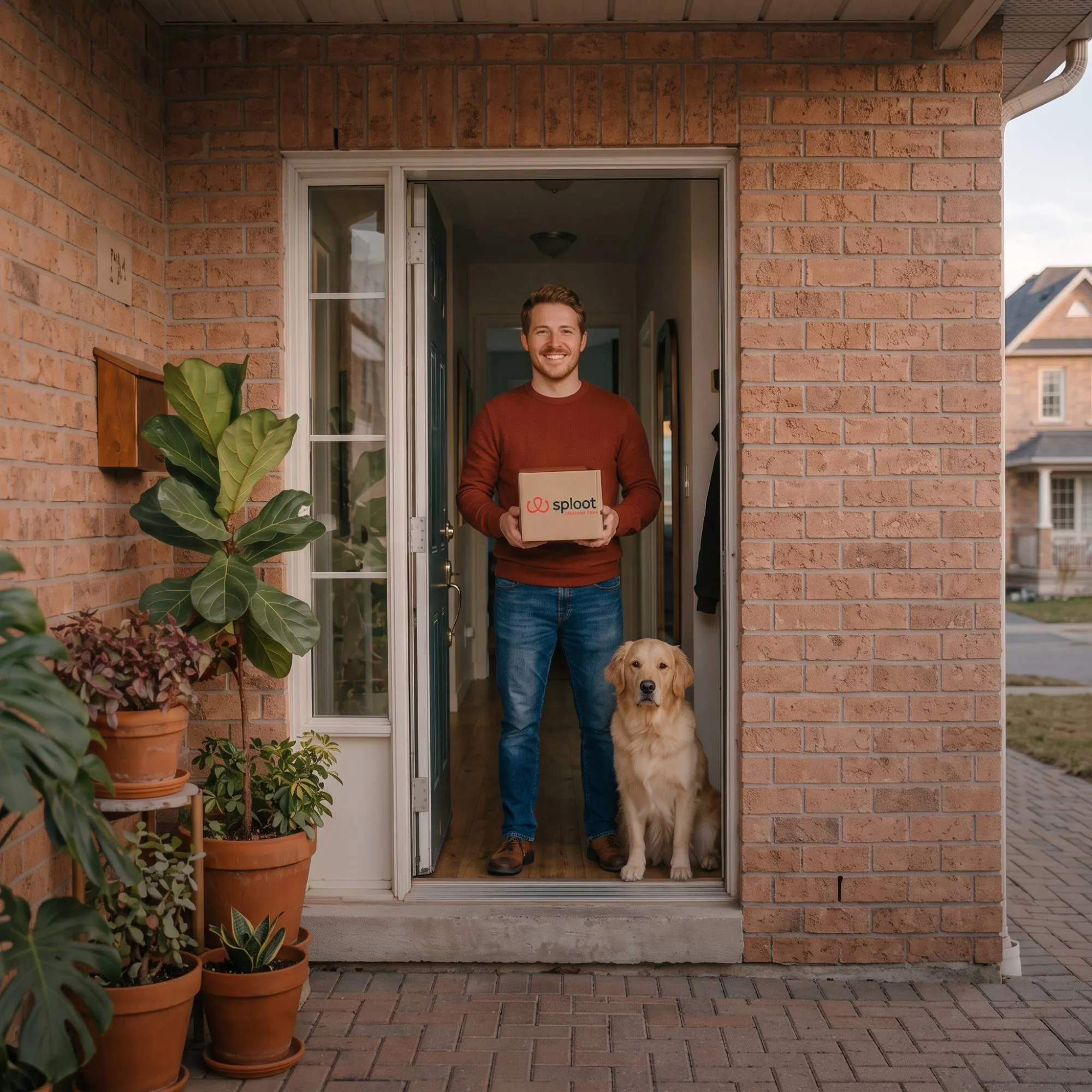 A pet parent at his door with a Sploot box and his golden retriever