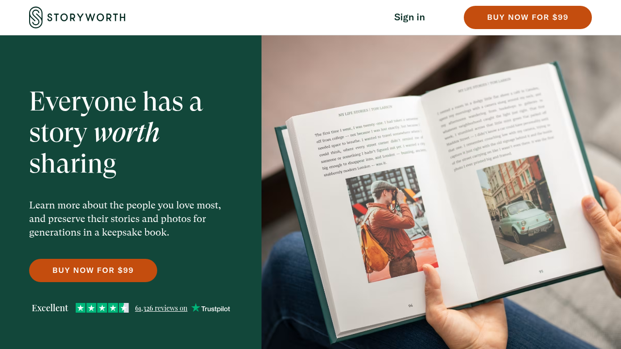 Storyworth homepage showing family storytelling service for preserving memories through weekly prompts and memoir books