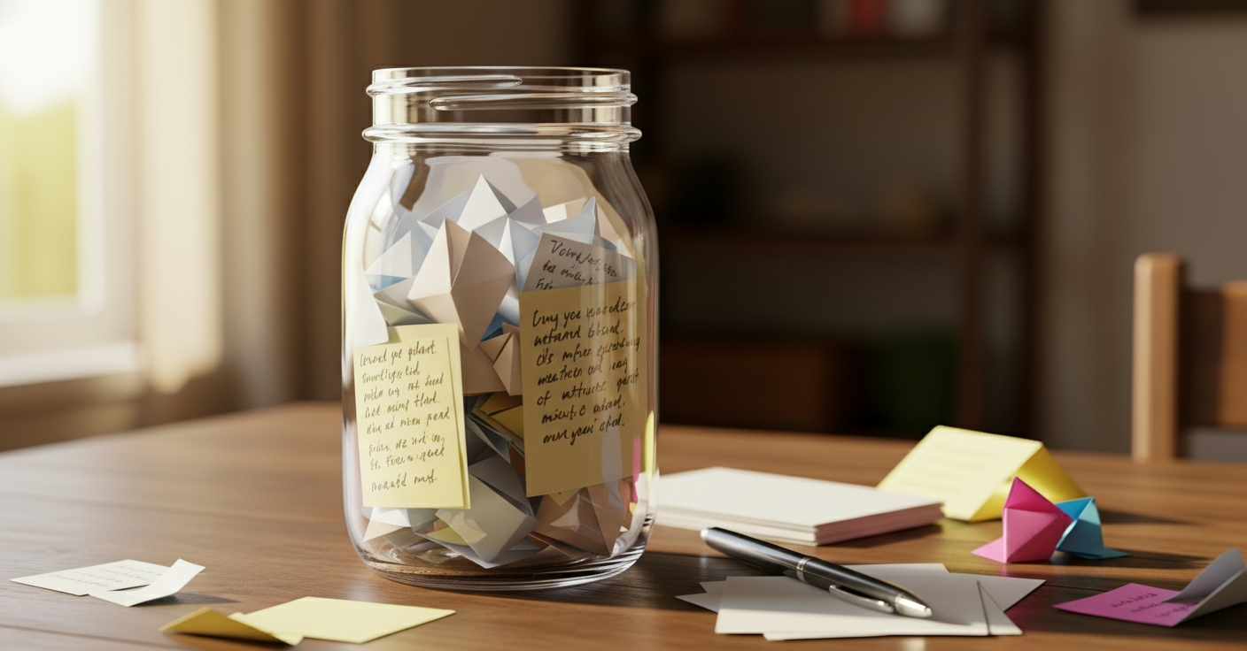 A warm, heartwarming scene of a clear glass mason jar filled with colorful folded paper notes and memory cards on a wooden table. The jar is about three-quarters full with handwritten notes visible through the glass. Beside the jar are a few blank cards, a pen, and some loose folded notes. Soft natural lighting from the side creates a cozy, nostalgic atmosphere. The setting suggests a family home environment with warm tones. Photorealistic style with shallow depth of field focusing on the jar.