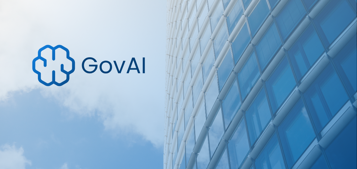 Bürogebäude im Hintergrund GovAi Logo