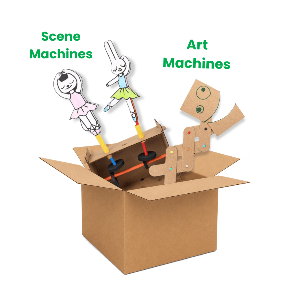 Illustrated graphic of a cardboard box with Scene Machines and Art Machines finished pieces, labeled Library Makerspace bundle