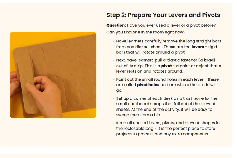 Screenshot of the Linkages educator guide's Step 2 page, showing a close-up of a hand removing a cardboard lever from a die-cut sheet
